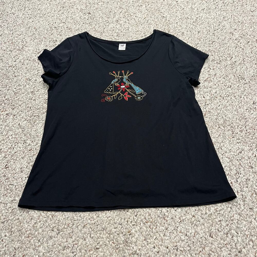 Peruvian Connection Embroidered Scoop Neck T-Shirt L Bird Motif Classic Boho